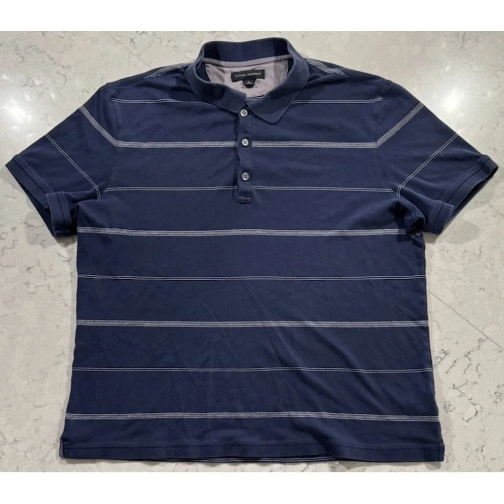 Banana Republic Polo Shirt Mens XL Navy Blue White Striped Cotton Knit Casual